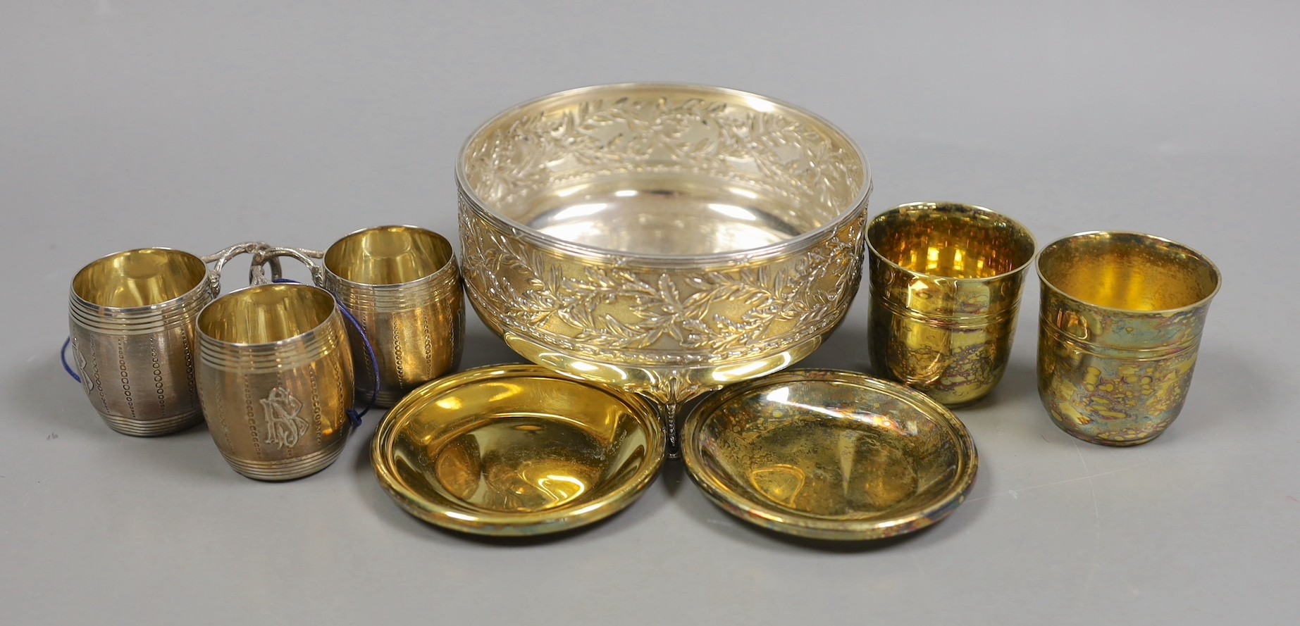 Eight assorted French white metal items including pair of gilded beakers on stands, by Puiforcat, Paris, a bowl by Armand Gross and three barrel shaped cups, by Fizaine, 12.9oz.